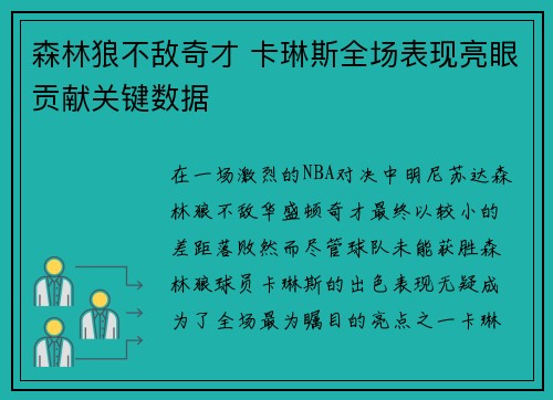 森林狼不敌奇才 卡琳斯全场表现亮眼贡献关键数据