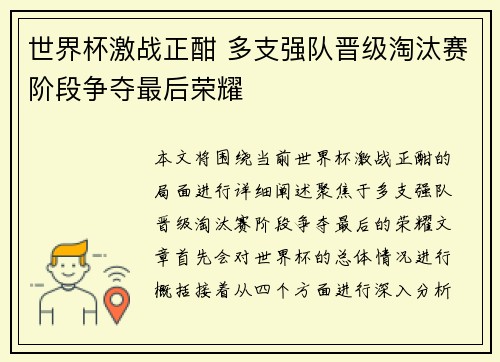 世界杯激战正酣 多支强队晋级淘汰赛阶段争夺最后荣耀